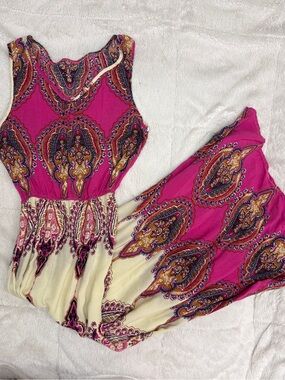 Paisley dress long pink maxi sleeveless v neck size 4 S elastic waist